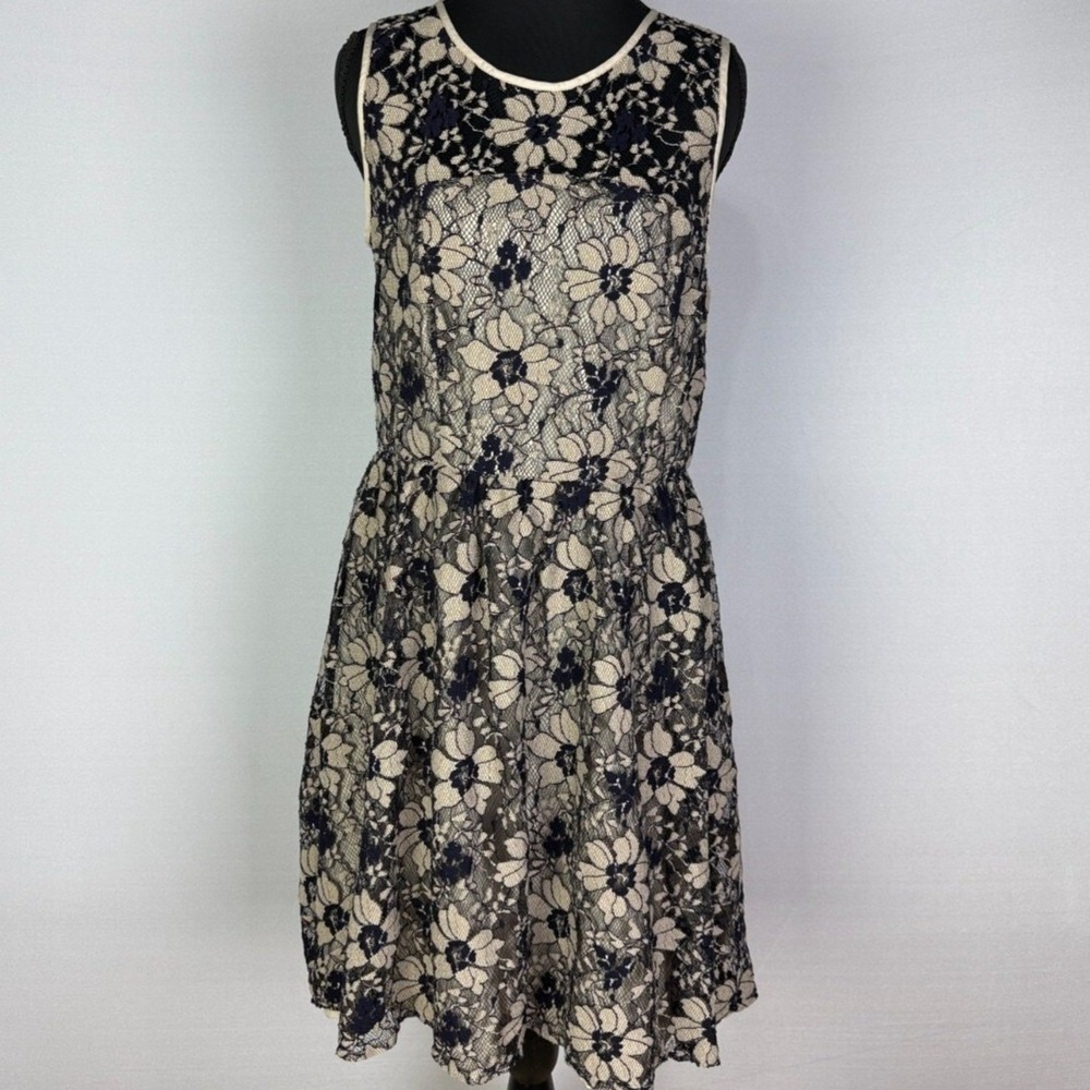 LOFT Navy Blue Floral Lace Overlay Lined Shift Dress Women's Size 4
